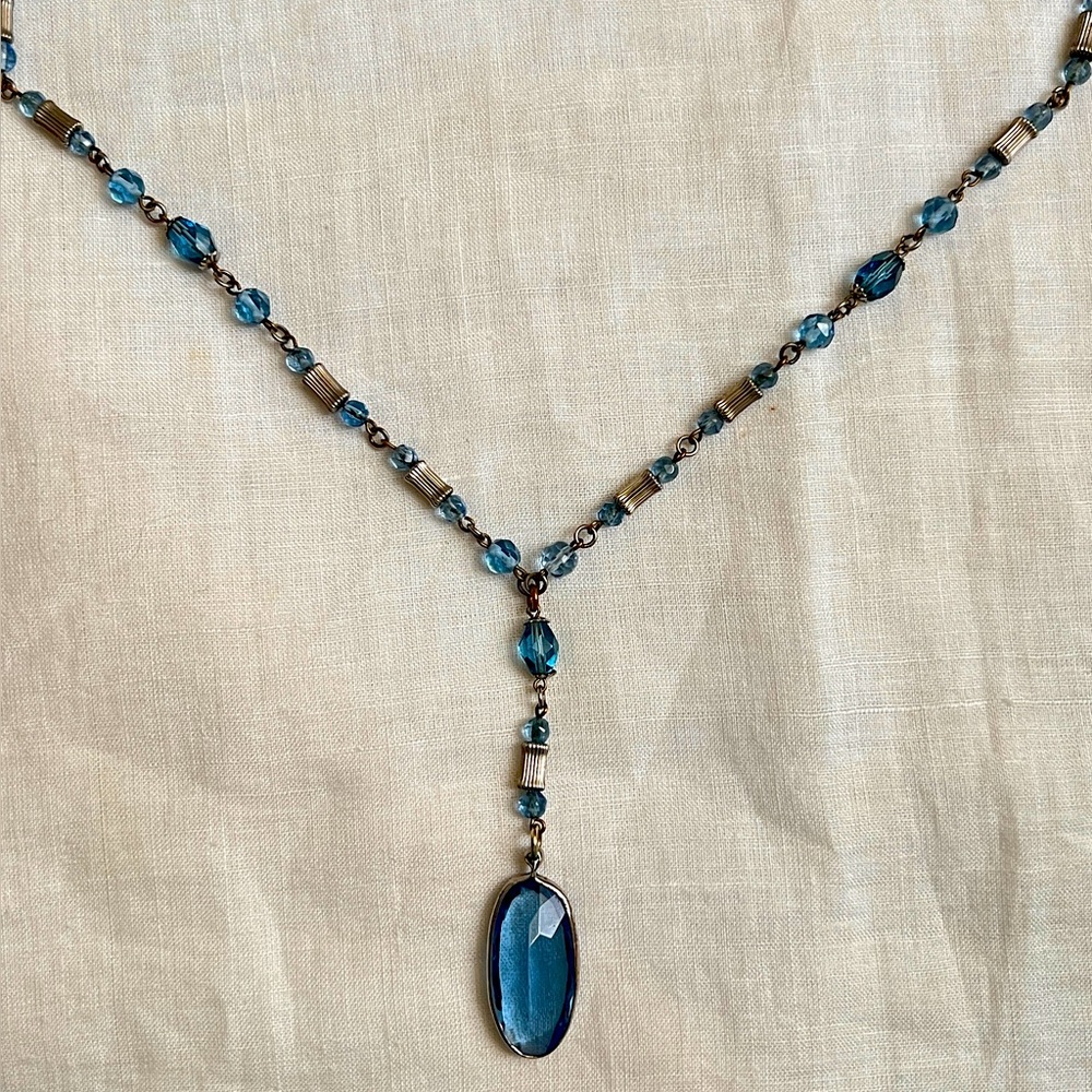 Art Deco Style Blue Glass & Antiqued Metal Y-Lariat Necklace (24 in)